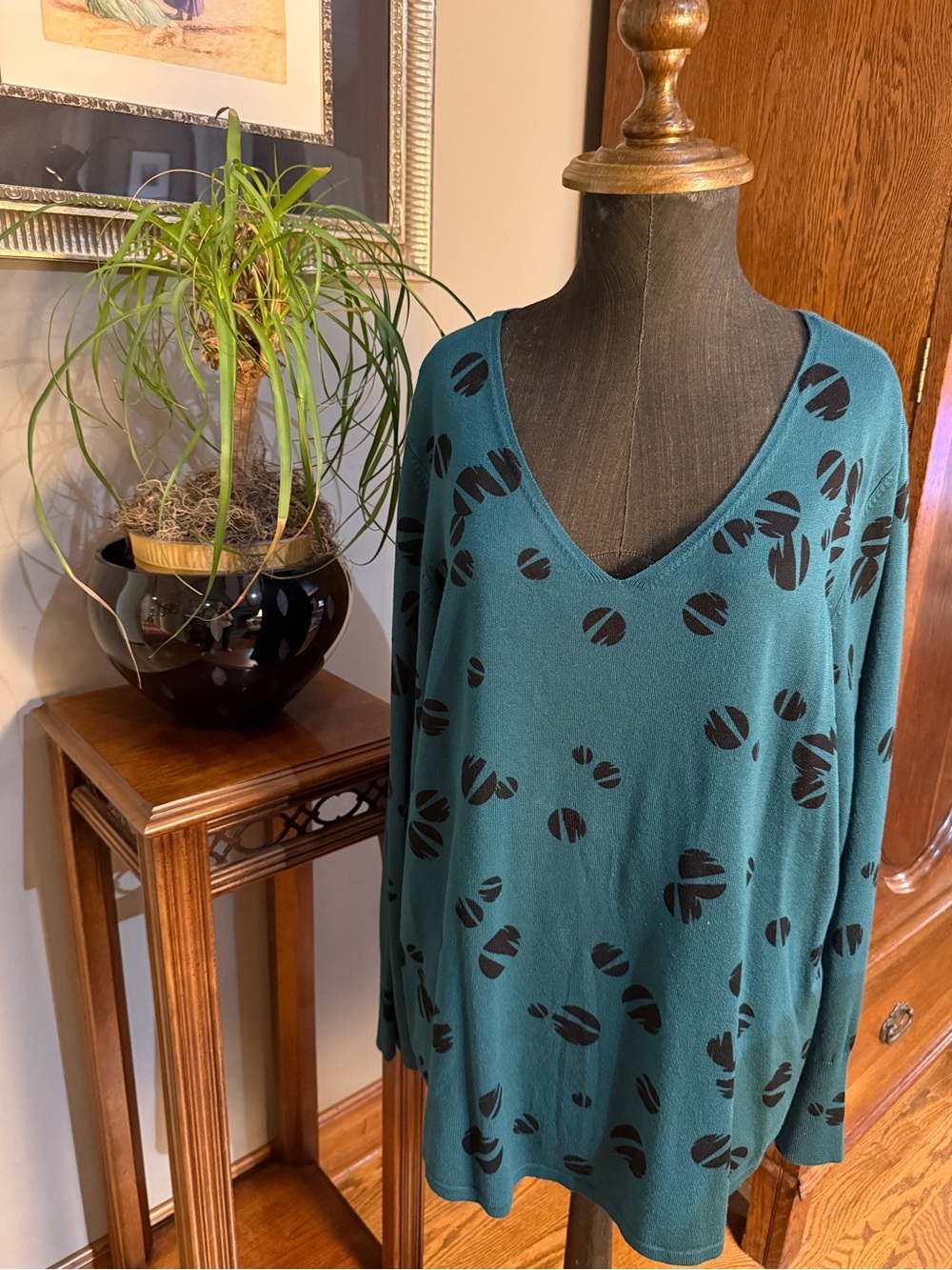 Women’s Teal V-Neck Sweater with Black Dot Print